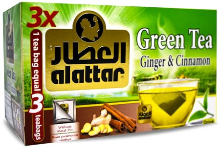 Alattar Natural Drink Herbal Green Tea Ginger & Cinnamon Tea Bags Herbals Herb Herbs Non Gmo No Caffeine No Additives No Artificial Coloring Kosher Halal (20 Bag) العطار شاى اخضر زنجبيل و قرفة حلال