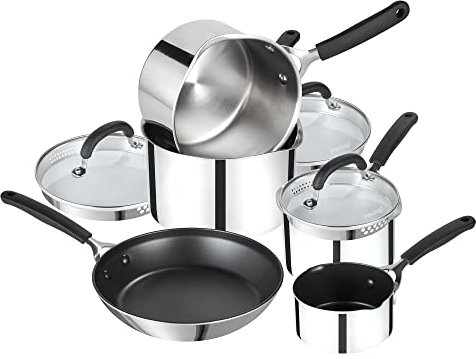 Prestige Made To Last Stainless Steel Pan Set Non Stick - 5 Piece Induction Pan Set with Frying Pan, Milk Pan & Set of 3 Saucepans with Straining Lids, Durable Dishwasher Safe Cookware