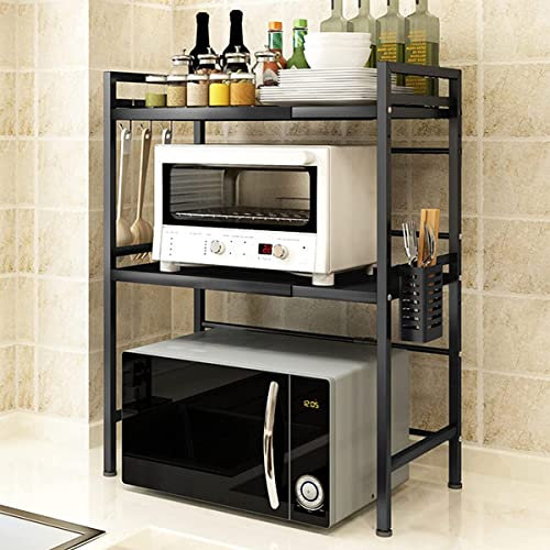 BUTUN Mikrowellen Regal, Ofengestell, 2-lagiges Erweiterbares Mikrowellenständer, Mikrowellenhalter Organizer, Küchenregal Stehend, Arbeitsplatte Küche mit Haken (schwarz)