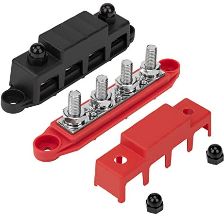 QIMEI-SHOP Blocco di Distribuzione dell'alimentazione 12V-48V DC Busbar 250A Morsettiera di Alimentazione con 4 x M10 Terminale a Bolts per Auto Camion Barca Rosso e Nero 2 Pezzi