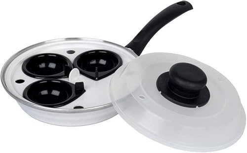 3 Cups Egg Poacher Stainless Steel Frying Pan 20 Cm With Plastic Lid Stay Cool Handle Poached Egg Cooker Non Stick Removable 3 Cups Dishwasher Safe for kitchen