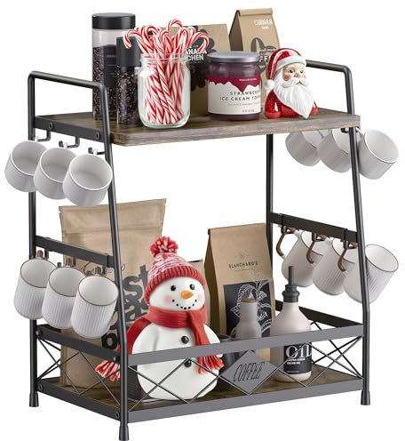 LOTEYIKE Soporte para tazas de café de 2 niveles para encimera, organizador de tazas de café con 12 ganchos, soporte para tazas de café, estante de metal para tazas de café, cocina, color negro