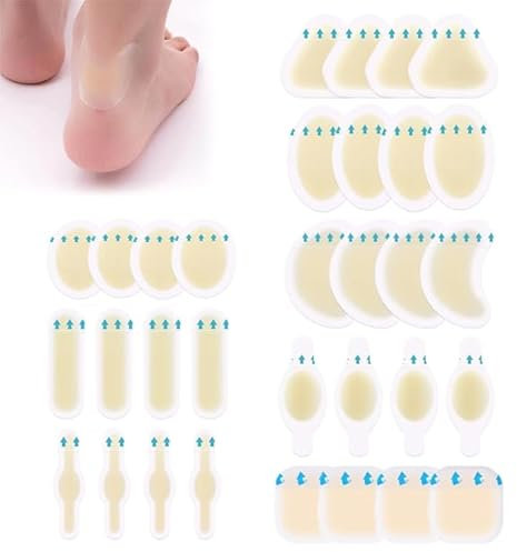 Youery 32 Stück Blasenpflaster, Wasserdicht Gel Pflaster, Ferse Hydrokolloid Pflaster, Gel Fersenpolster Schuhe, Linderung von Reibungsschmerzen Zehen, Vorfuß, Ferse(7 Arten)