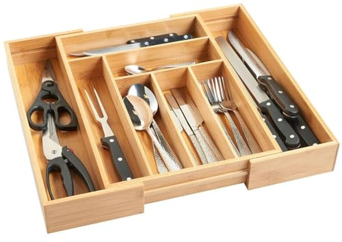 Wooden Bamboo Cutlery Tray 32-52 x 43 x 5cm, Kitchen Drawer Insert Large 6-8 Compartments, Utensil Holder Rack Organizer, Cooking Baking Utensils Storage Case, Flatware Drawer Dividers for Home Office