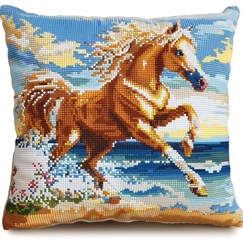 Kitquiver Knüpfen Set Kissen Pferd Knüpffaden Set (43X43cm) Knüpfen Handarbeit Set Kissen Bastelset Knüpfen Handwerksset Kissen DIY Bastelset für Anfänger für die Sofa-Heimdekoration