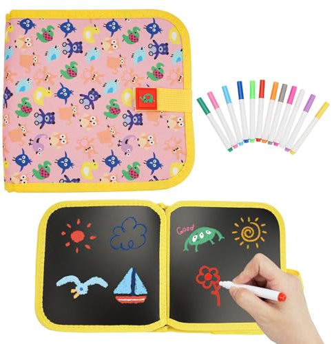 14 Seiten Seiten Abwischbares Malbuch, Doodle Board Wiederverwendbar, Tragbares Zeichenbrett mit 12 Bunten Löschbaren Stiften, Wasserdicht Mini Reise Malset, Malbuch Spiele Doodle Maltafel