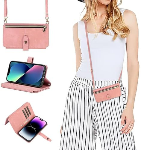 Handyhülle für SM Galaxy A16 Hülle mit Band, Leder SM Galaxy A16 Handytasche Handyhülle Praktische Handykette Kartenfächer Umhängetasche SM Galaxy A16 Case,Rosa