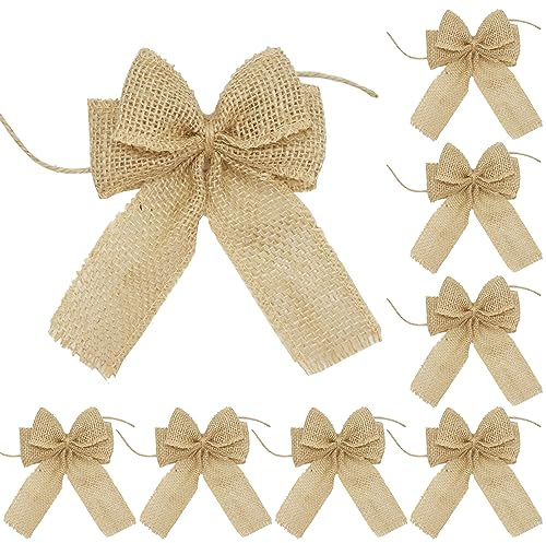 Nature Burlap Bows for Christmas Decorative, Bowknot Ornament for Christmas Tree Wreath, Rustic Gift Wrapping, Wedding Gift Packing, Burlap Jute Bow for Craft, Set of 8, 5×6.5 Inches (8 Set)