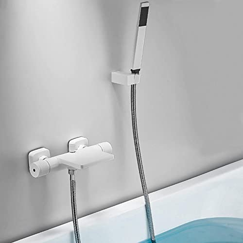 QTANZIQI Badewanneneinlauf-Wasserfall-Mischbatterie für Badezimmer, heißes und kaltes Bad, wandmontierte Badewannenarmatur mit Brausegarnitur, verdoppelt Handbrause, Chrom (weiß)