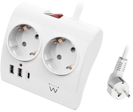 Ewent Mehrfachsteckdose für Schreibtisch/Tisch mit 2 Schuko-Steckdosen und 2 USB-A-Anschlüssen und 1 USB-C-Anschluss, Ein-/Ausschalter, 3680 W, Überlastschutz, 16 A Schukostecker und 1,5 m Kabel, Weiß