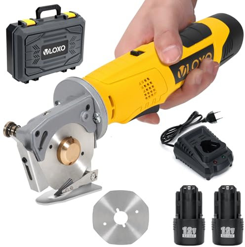 VLOXO Ciseaux Electrique Tissu Couture, Cutter Rotatif Rotary Cutter Sans fil avec 70 mm Lame pour Textile/Tapis/Cuir/Papier