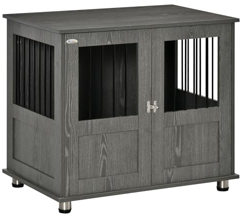 PawHut jaula de perro para casa, jaula de mascota, caseta de perro de interior con cerradura, puerta magnética, caseta de perro con ventana, caseta de perro para perros pequeños y medianos, gris, 85 x