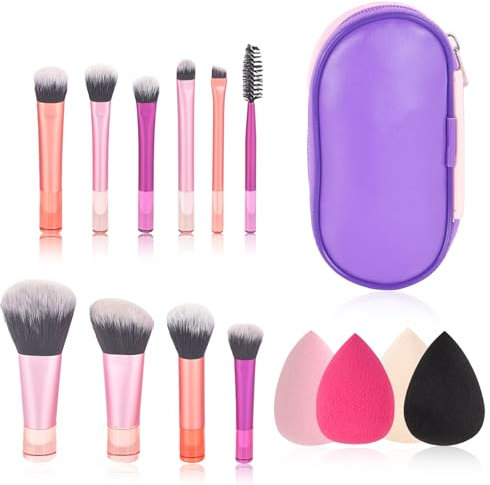 PLUSHCEWT Set di Pennelli Trucco da 10 Pezzi con 4 Spugne e Borsa Cosmetici Pennelli Sintetici Premium per Fondotinta Cipria Blush Ombretto Correttore Contorno e Illuminante Viaggi Uso Quotidiano (A)