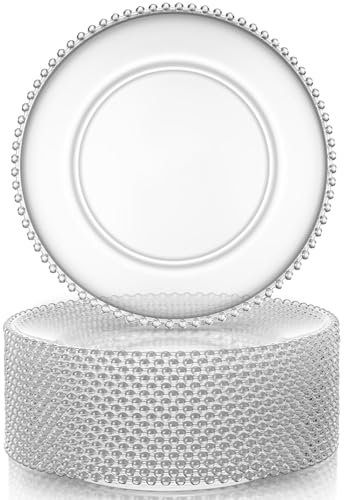 Hoolerry 12 Pcs Clear Charger Plates Bulk 13 Inch Plastic Round Dinner Plate with Beaded Rim Acrylic Round Plates Decorative Charger Service for Home Birthday Wedding Party Events Table Decor