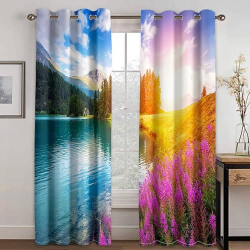 Mesnt Gardine Verdunkelnd Thermo, 107x229cm Mehrfarbig Sonnenaufgang Berge Wald und See Kälteschutz Verdunklungsvorhänge Ösen Thermal Curtains Blackout Vorhang
