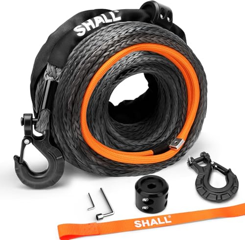 SHALL Correas y Cuerdas de Remolque, Cuerda sintética para cabrestante de 12 mm x 28 m de Largo, 16 toneladas (35500 LB), Funda Protectora, Gancho Forjado para cabrestante y Correa de Seguridad
