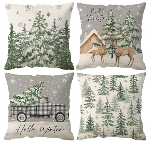 Joyshare Christmas Pillow Covers Set 4, 16x16 Inch Linen Cushion Covers with Snow Forest, Truck, Reindeer Patterns for Sofa Bed Winter Home Decor, Xmas Throw Pillow Cases 40x40cm
