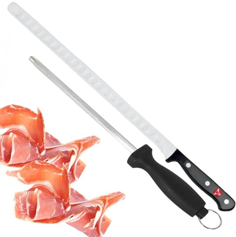 viering Cuchillo jamonero profesional con chaira – Hoja flexible de 28 cm en acero inoxidable para cortar jamón ibérico y fiambres
