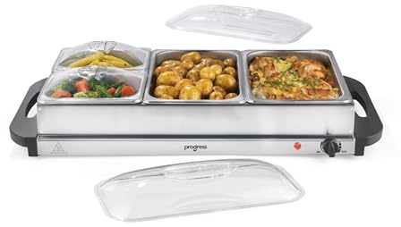 Progress 4-Pan Buffet Server – Electric Hot Plates/Stove, 7.5L Total Capacity, Warming Tray, Adjustable Temperature Control, Parties, Family Dinners, Keep Food Warm, Power Indicator Lights, 300W