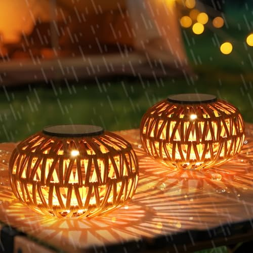 Rayofly 2 Pack Solar Lanterns Outdoor Waterproof, Outdoor Table Lamp Decor, Rattan Solar Lights Decorative, Small Tabletop Lantern Gifts for Mom, Grandma, Solar-Lanterns for Outside for Garden, Steps
