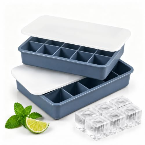 Lot de 2 Bac à Glaçons en Silicone Empilable avec Couvercle, Format 15 Cavités Carré, Facile à Démouler, Réutilisable, Certifié LFGB et sans BPA, Bleu
