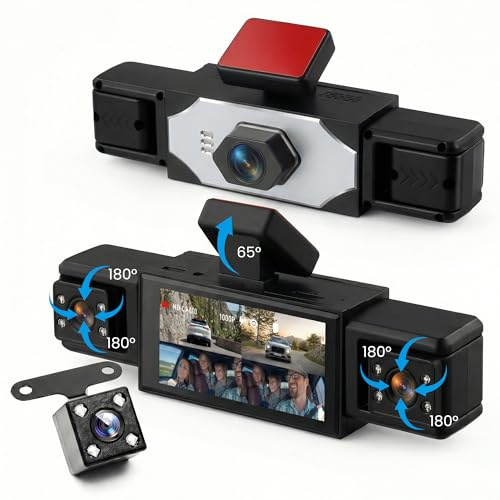 Rimoody 4 Canales 360° Dashcam para Coche, 4 Cámara 1080P Delantera y Trasera Izquierda Derecha, 3.16“ Dash CAM 1080P con Visión Nocturna IR/Vídeo en Bucle/24H Monitor/Asistencia de Estacionamiento
