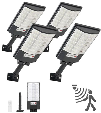 VEVOR Lampadaire Solaire Extérieur 500 W Projecteur LED Solaire 50000 lm pour Jardin Cour Garage, avec Détecteur de Mouvement et Télécommande, Éclairage du Crépuscule à l'Aube, Étanche IP65, Lot de 4