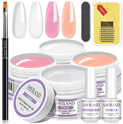 SAVILAND Kit Gel Ricostruzione Unghie 4 Colori Rosa Nudo Bianco Trasparente Gel Unghie con Base e Top Coat Semipermanente, 100PCS Forme e Pennello per Manicure Starter Nail Estensione Art e Home DIY
