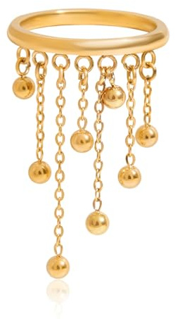 IMINI Anello a fascia sottile impilabile con nappe pendenti per donna - Acciaio inossidabile placcato oro 18 carati Perline pendenti Catena con anelli a nocca Gioielli di moda Taglia 7