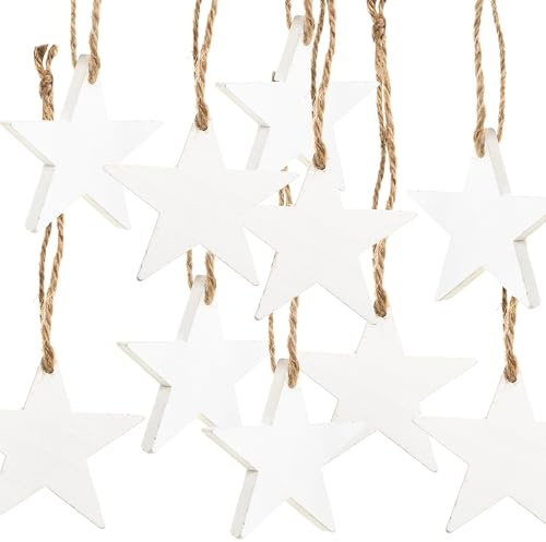 Stelle in legno bianche, 10 pezzi: ornamenti natalizi shabby chic per albero di natale e finestre, decorazioni natalizie da appendere rustiche, pendenti per regali e pacchetti, 7 cm