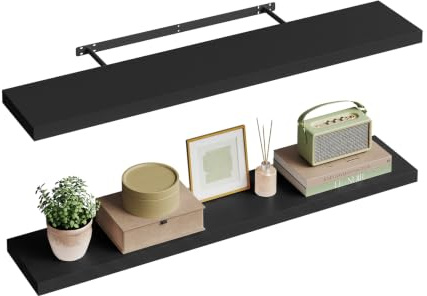 WOLTU Wandregal,Schweberegal Schwarz,120x22.9x3.8cm,MDF 2er | Wandregal 2er Set, Regalbrett, freischwebend Schweberegal, Wand Regal Wandboard für Büro, Wohnzimmer, Schlafzimmer, Küche