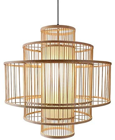 Fine Asianliving Lampada a Sospensione in Bambù Fatta a Mano - Lena D50cm lampada a sospensione in bambù Paralume in Vimini Intrecciata Rattan Stile Lampadario E27 Lampada