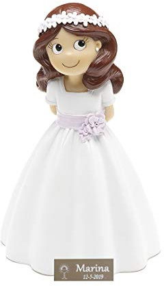 Figura de comunión niña para pastel PERSONALIZADA con placa grabada. Modelo fajin lila