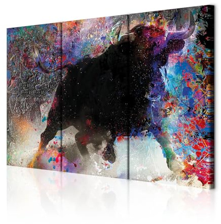 decomonkey Bilder Abstrakt Stier 120x80 cm 3 Teilig Wandbild Groß Büro Bunt | Leinwandbild XXL, Deko, Wohnzimmer, Schlafzimmer, Wanddeko, Leinwand, Pictures For Wall, Poster, Wall Painting, Tiere