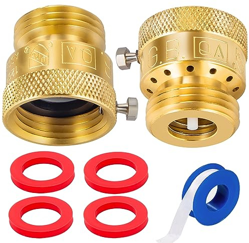 Breezliy 2-Pack Brass Vacuum Breaker Set 3/4 Anti-Siphon Hose Bib Valve for Garden Spigot RV Hose Connection Backflow Preventer Connector with Tape and Extra washers