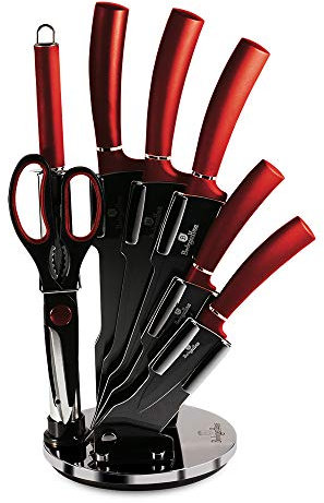 BerlingerHaus Burgundy Professionelles Küchenmesser-Set 8-Teilig, Edelstahl, Antihaftbeschichtung, Acrylhalter, Kochmesser, Zwiebelmesser, Santoku-Messer, Wetzstahl, Schere, Metallic-Design, Rot