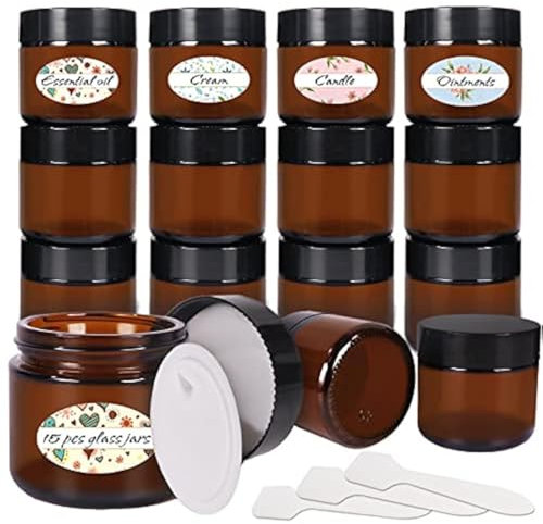 15 Packs,2 OZ Glass Jars with Lids, Amber Candle Jars with 15 Plastic Lids,Empty Canning Jar,Small Storage Containers For Spice,Powder,Sample,Creams,Lotion and Ointments - Dishwasher Safe