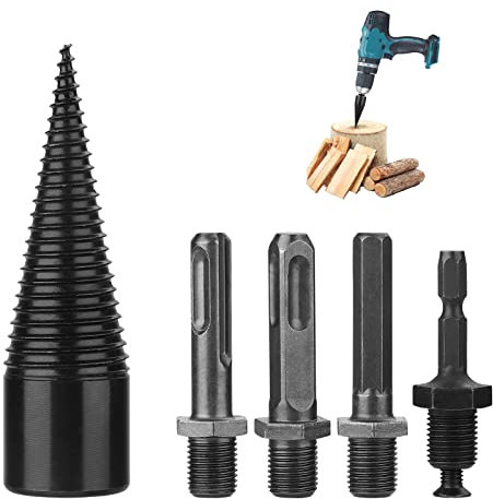 HONGXW Splitting Wood Cone Drill Bit, 4Pcs Heavy Duty Drill Screw Cone Driver Firewood Log Splitter Drill Bit Set Electric Wood Chopping Tool for Hand Drill Stick-hex+Square+Round (50mm), Black