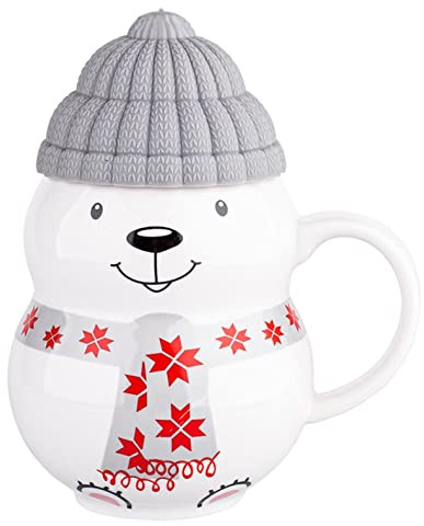 Altom Design Weihnachtsbecher Weihnachtstasse mit Gummi-Deckel 300 ml aus Porzellan für Kinder (Bär)