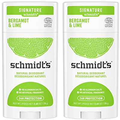 Schmidt's Aluminum Free Natural Deodorant Bergamot & Lime 2 count For Women and Men, with 24 Hour Odor Protection, Certified Cruelty Free, Vegan Deodorant, 2.65 oz