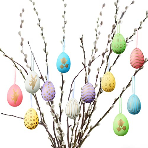 Gwhole Uova di Pasqua Decorative 12pz Decorazioni Pasquali per la Casa Uovo di Pasqua 2025 per Albero di Pasqua Regalo di Pasqua Bambini in Plastica con Motivi Coniglietti e Pulcini 6x4cm