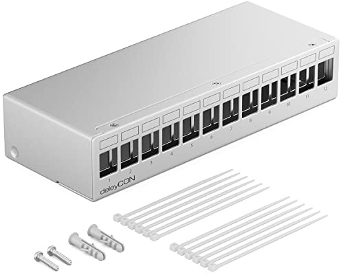 deleyCON 12 Port Patchpanel House 1U för 14,9mm x 17mm Keystone-Moduler med t.ex. RJ45 Koaxialplugg BNC F-Plug Antennplugg RJ-11 RCA-Uttag USB Toslink PS2 HDMI - Grå | För Keystone Module, RJ45, koax, BNC, F-kontakt, antenn, RJ-11, RCA, Jacka, USB, Toslink, PS2, HDMI