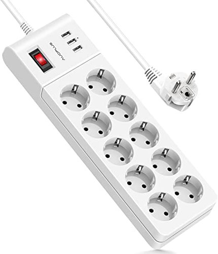 AUOPLUS Regletas Enchufes Multiple con 10 Toma de Corriente y 3 USB Puertos,Regleta Inteligente con Proteccion Sobretension y Interruptores, Enchufes con USB,Cable de 2M,4000W/16A,Blanc