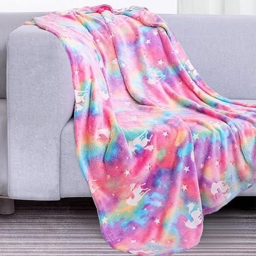 LXTOPN Einhorn Decke Kuscheldecke,Decke Leuchtet im Dunkeln,Kinderdecke Einhorn Pattern, Leuchtende Decke für Kinder und Erwachsene Fluoreszierende(Regenbogen,130x150cm)