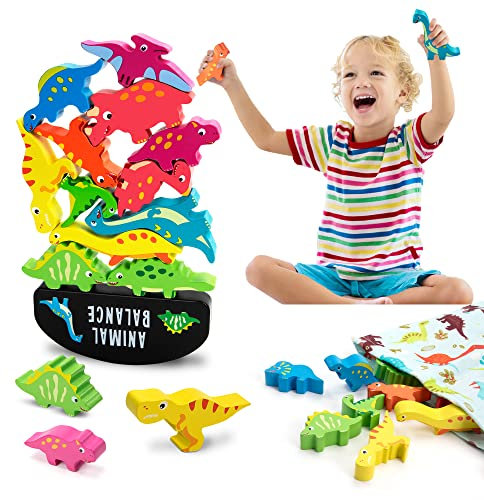 Wisplye Holz Stapelspiele Spielzeug, Dinosaurier Balancieren Tier Stapelblöcke, Pädagogisches Stapeln Bausteine, Montessori Lernspiel Motorikspielzeug Geschenk für Kinder ab 2 3 4 5 Jahre