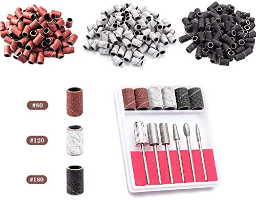 Luckaide Schleifhülsen Nagelfräser Set - 300 Stück Schleifkappen, 6 Aufsätze, 80/120/180 GRIT Bits für Maniküre Pediküre Nagelpflege
