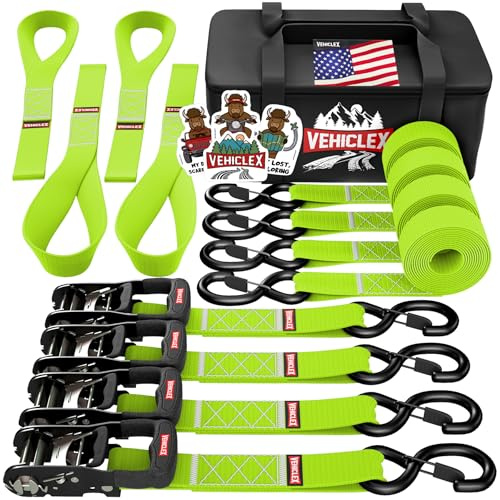 Vehiclex Motorrad-Spanngurte mit weichen Schlaufen, strapazierfähig, 3,8 cm x 2,4 m, 2 kg Bruchfestigkeit für Powersports, Grün, 4 Stück | 2 kg Bruchfestigkeit Powersports Spanngurte Full Bend S-Haken mit Sicherheitsclips Verstärkte Nähte 4 Pack Grün
