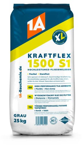 1A KRAFTFLEX 1500 S1, Hochleistungs-Fliesenkleber, Innen-, Außen & Unterwasserbereich, Dünnbettfliesenkleber. grau, 25 kg