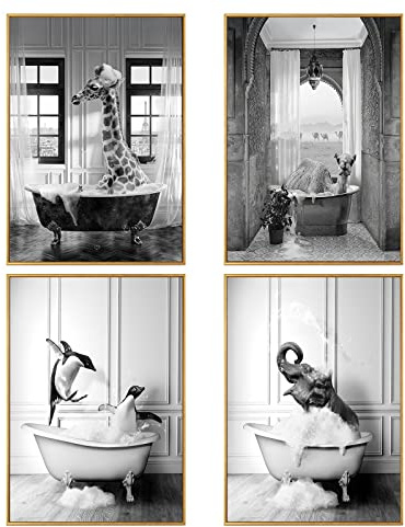 WADBTP Badezimmer Bilder,Schwarz Weiß Bilde,Lustige Tier in der Badewanne Leinwand Bilder für Wohnzimmer Badezimmer Schlafzimmer Dekor-Rahmenlos (4pcs-DW2,4pcs-30x40cm)