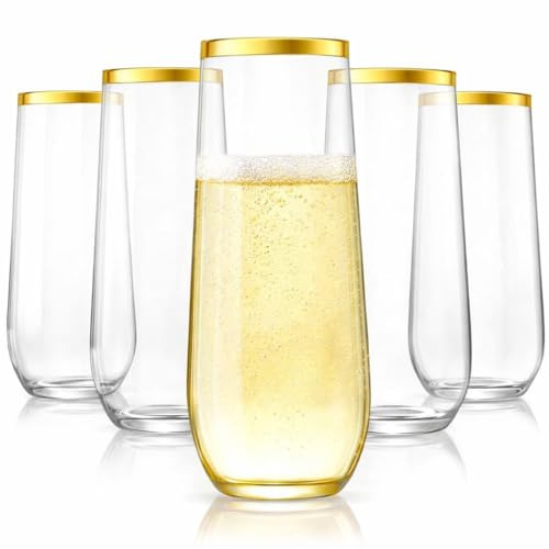 Oojami 48 Pack Gold Rimmed Stemless Plastic Champagne Flutes – 9 Oz Disposable Champagne Glasses, Shatterproof BPA-Free Mimosa Glasses & Cocktail Cups for Wedding Party Birthday Bridal Shower